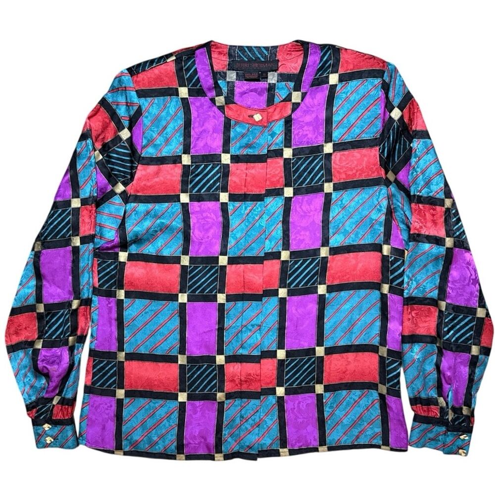 Vtg Jerri Sherman Silk Blouse Size 10 Geometric Abstract Plaid Fuchsia Teal 90s